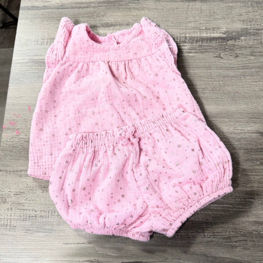 Wonder Nation Pink Gauze Star Print Top and Bloomers Set 3-6M